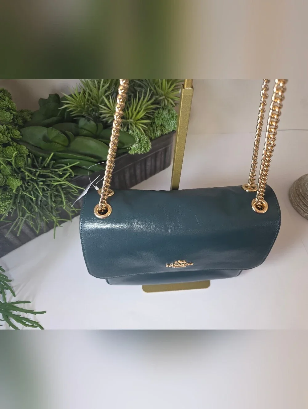 Coach Elodie Dark Teal Smooth Leather Crossbody/Shoulder Bag Gold Chain NWT